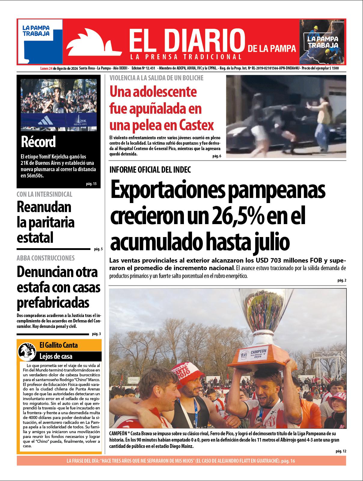 Tapa de El Diario en papel  lunes 24 de agosto de 2026